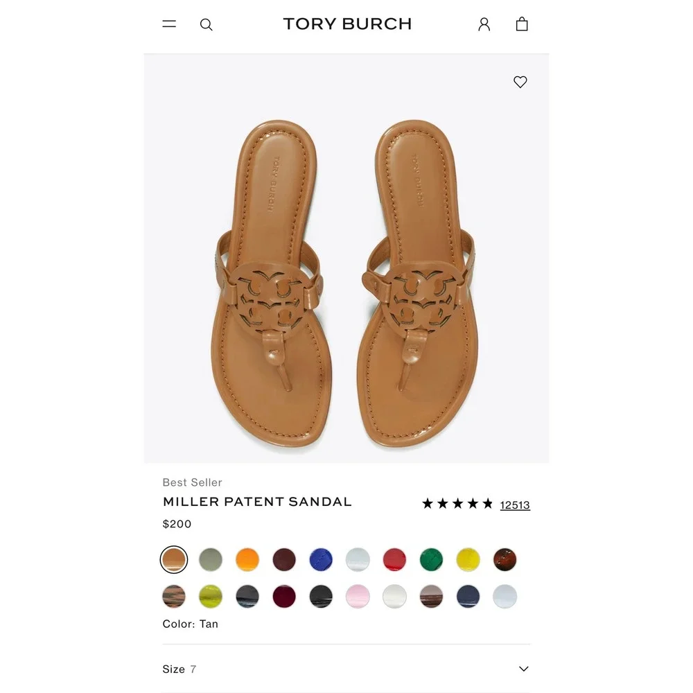 Tory Burch Miller Patent Sandal Tan Brown Leather Thong Flat Logo Size 7